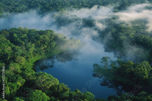 Lush rainforest covering a serene lake surrounded by mist in the early mornin...