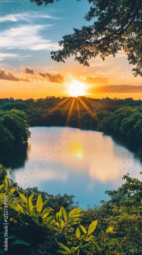 Sunset over tranquil lake with lush forest in the background