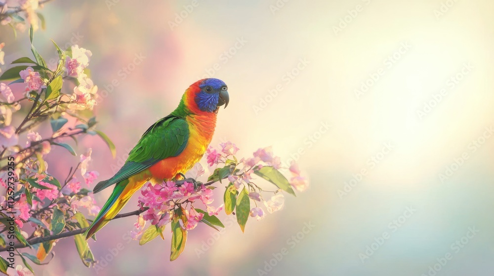 Fototapeta premium A rainbow lorikeet perched gracefully on a flowering branch with a soft pastel sky in the background.