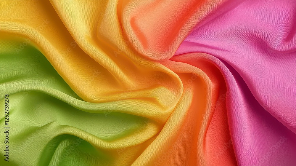 Vibrant Silk Fabric in Shades of Yellow, Green, Orange, and Pink with Smooth Flowing Texture Vibrant Silk Fabric in Shades of Yellow, Green, Orange, and Pink with Smooth Flowing Texture