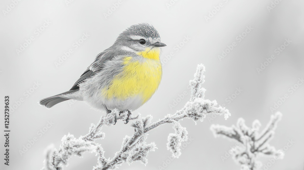 Obraz premium A small blue tit with bright yellow plumage perched on a branch covered in frost against a soft wintery background.