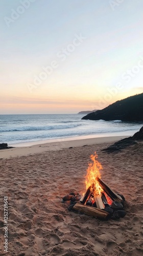 Cozy bonfire on the beach at sunset near serene ocean waves