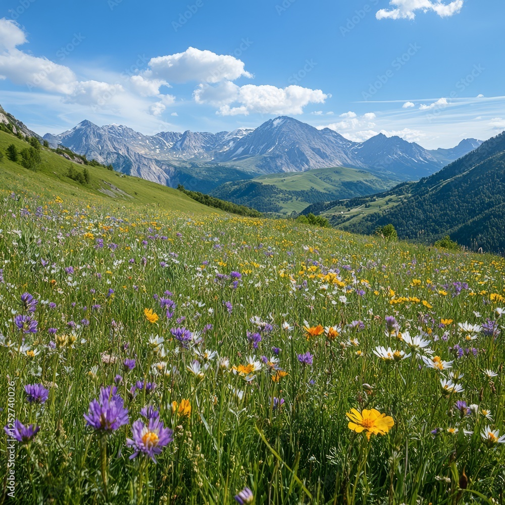 Fototapeta premium A tranquil mountain view with a clear blue sky and wildflowers in bloom 