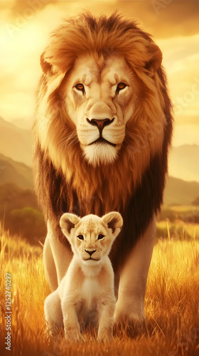 Majestic Lion and Cub Sunse...