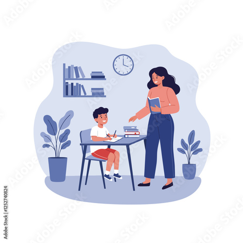 Boy Doing Homework Mother Helping Education Support