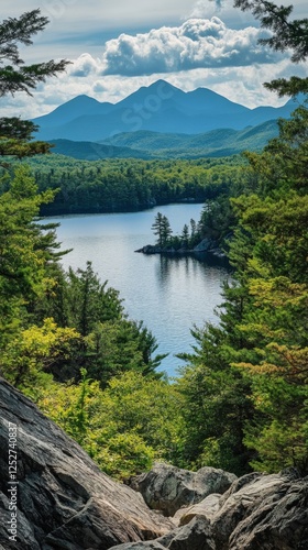 Serene mountain lake surrounded by lush greenery and rocky formations under a...