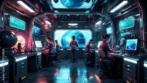 Fototapeta Naklejka Na Ścianę i Meble -  Space Station Crew: A team of astronauts work diligently inside a futuristic space station, with a view of Earth through the window.