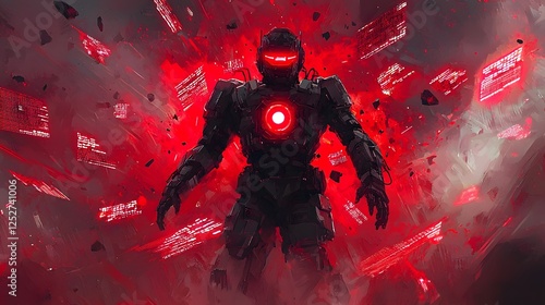 A robotic figure surrounded by a chaotic display of red digital alerts and fragmented data evoking a sense of futuristic danger and technological chaos