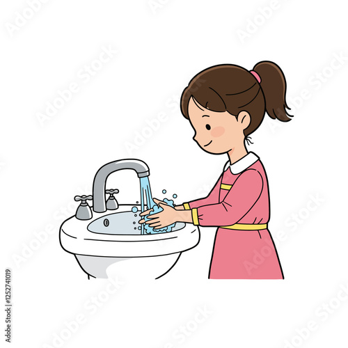 Girl Washing Hands at Sink Hygiene Cartoon Illustration