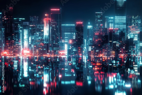 City skyline illuminated at night with reflections on the water in a vibrant ...