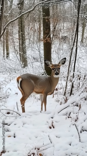 Majestic deer standing in a snowy forest during winter with trees covered in ...