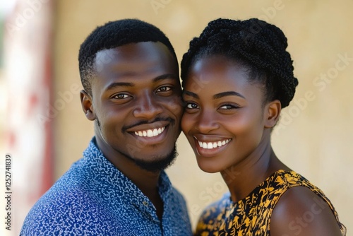 Smiling couple poses together at a vibrant market in a tropical setting durin...