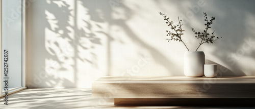 Wallpaper Mural minimalist interior scene featuring wooden table with two white vases holding branches, illuminated by soft natural light and casting gentle shadows on wall Torontodigital.ca