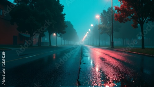 A moody and atmospheric night scene of a wet, foggy street illuminated by streetlights. The road is slick with rain, reflecting the soft glow of the lights and creating a serene yet mysterious ambianc photo