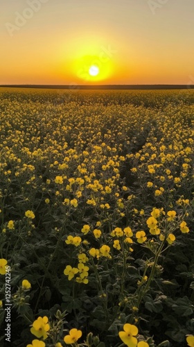 Golden fields of blooming flowers at sunset in a serene landscape