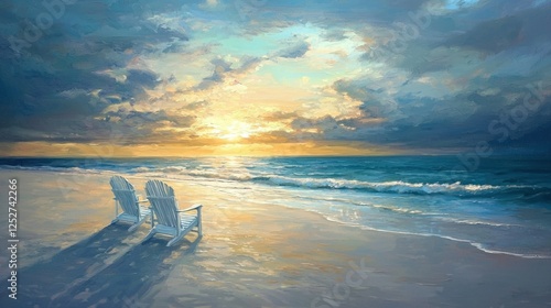 Fototapeta Naklejka Na Ścianę i Meble -  A stunning oil painting showing a peaceful white sand beach at dawn with soft sunlight reflecting on the water, and two empty beach chairs.