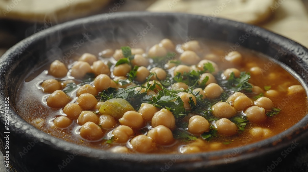 A hearty bowl of chickpea soup, served in a traditional clay pot, topped with fresh herbs and garnish. A hearty bowl of chickpea soup, served in a traditional clay pot, topped with fresh herbs and garnish.