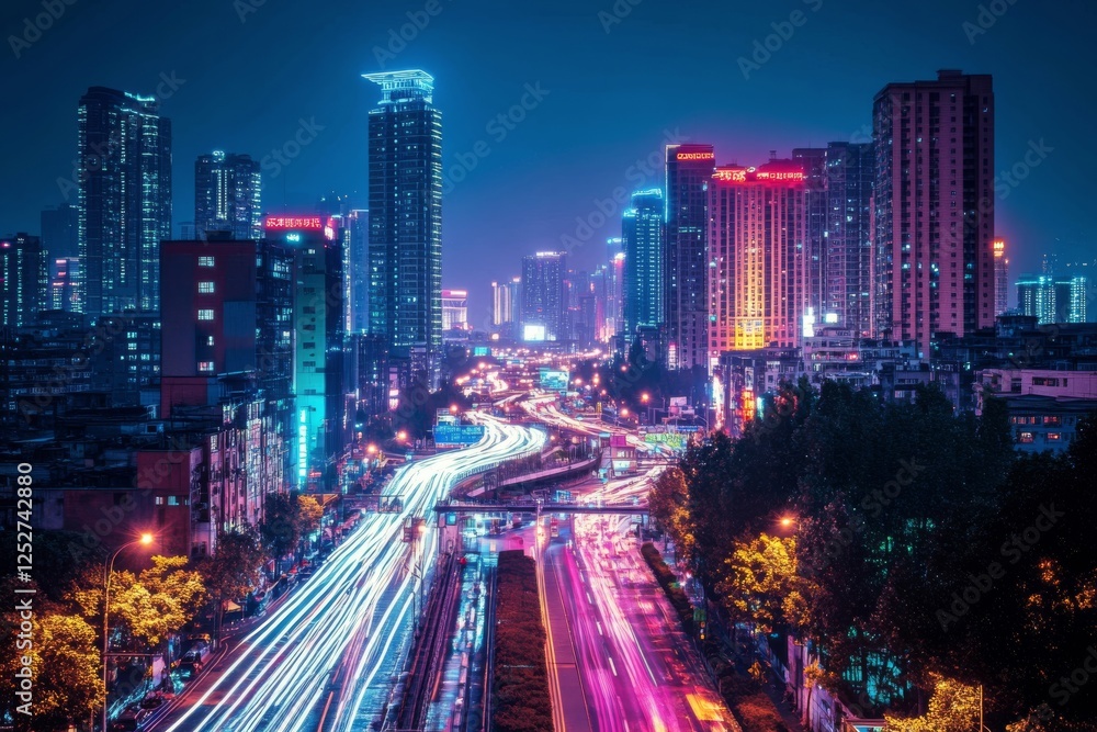 Bright cityscape at night with busy streets and colorful lights in urban center Bright cityscape at night with busy streets and colorful lights in urban center