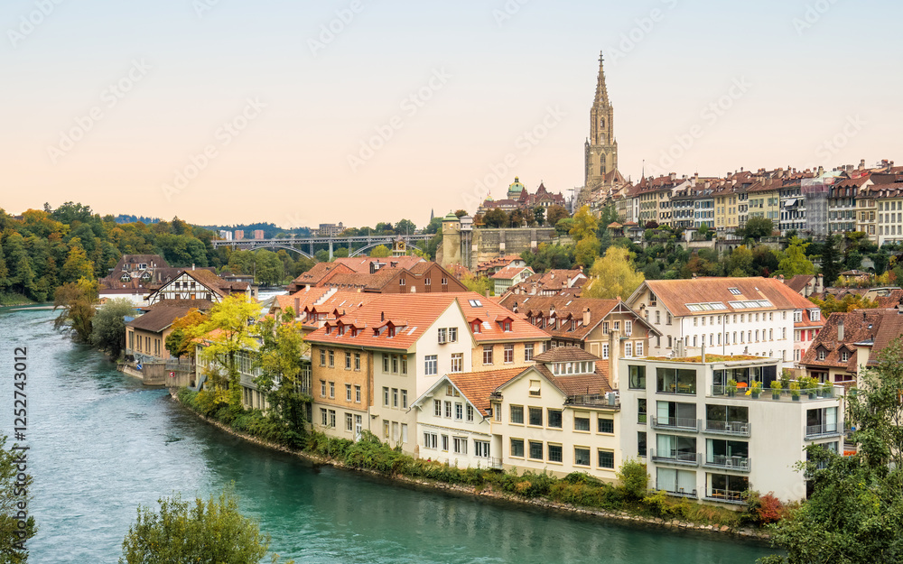Obraz premium Bern, capital of Switzerland. Cityscape panorama view of the Old City of Bern and the river Aare. UNESCO World Heritage Site.