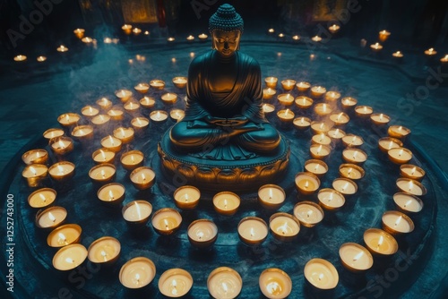 Buddha statue surrounded by candles in serene setting during evening hours