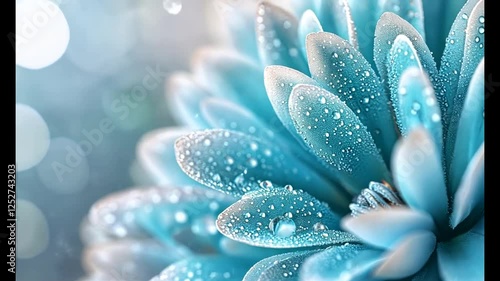 Dew-kissed blue flower closeup, bokeh background; nature photography