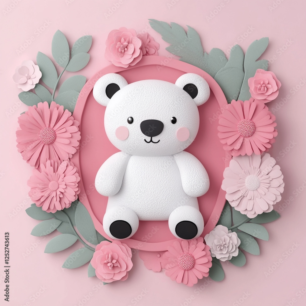 Obraz premium Charming polar bear surrounded by pink flowers for a whimsical decor.