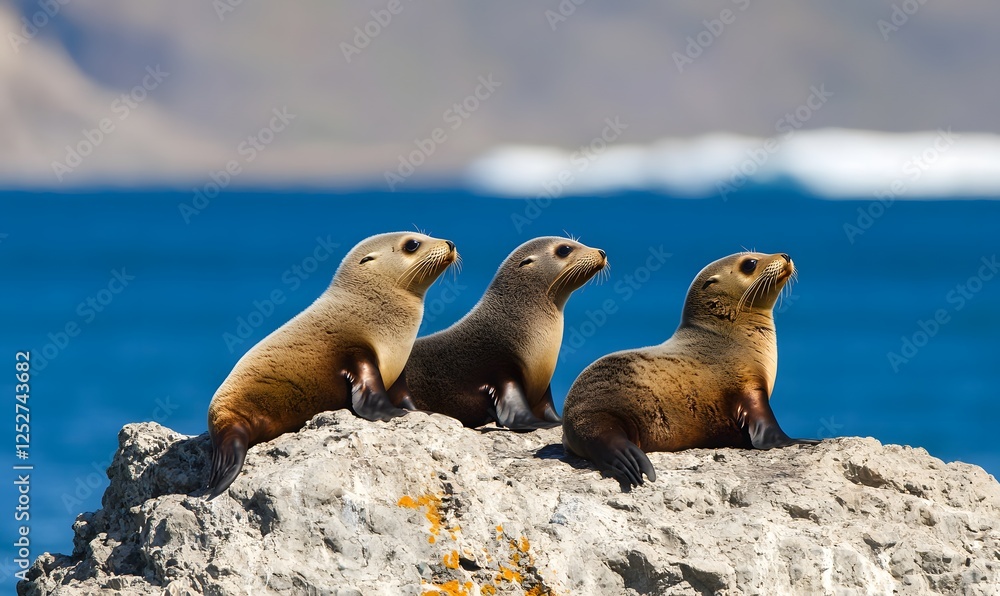 Fototapeta premium Seals sunbathing on a rocky shore with stunning Antarctic scenery in the background, Generative AI