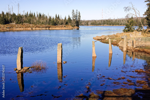 Lake in the forest of the Harz mountains in Lower Saxony, Germany. Historic Oderteich water reservoir near Sankt Andreasberg, component of the Upper Harz Water Regale, UNESCO World Heritage Site.