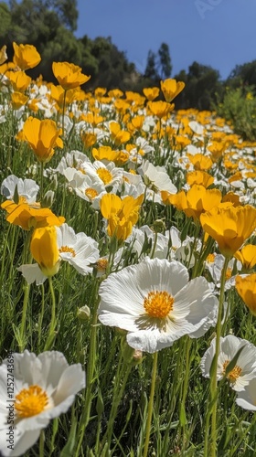 Wildflower meadow with bright daisies under a clear blue sky in the mountains...