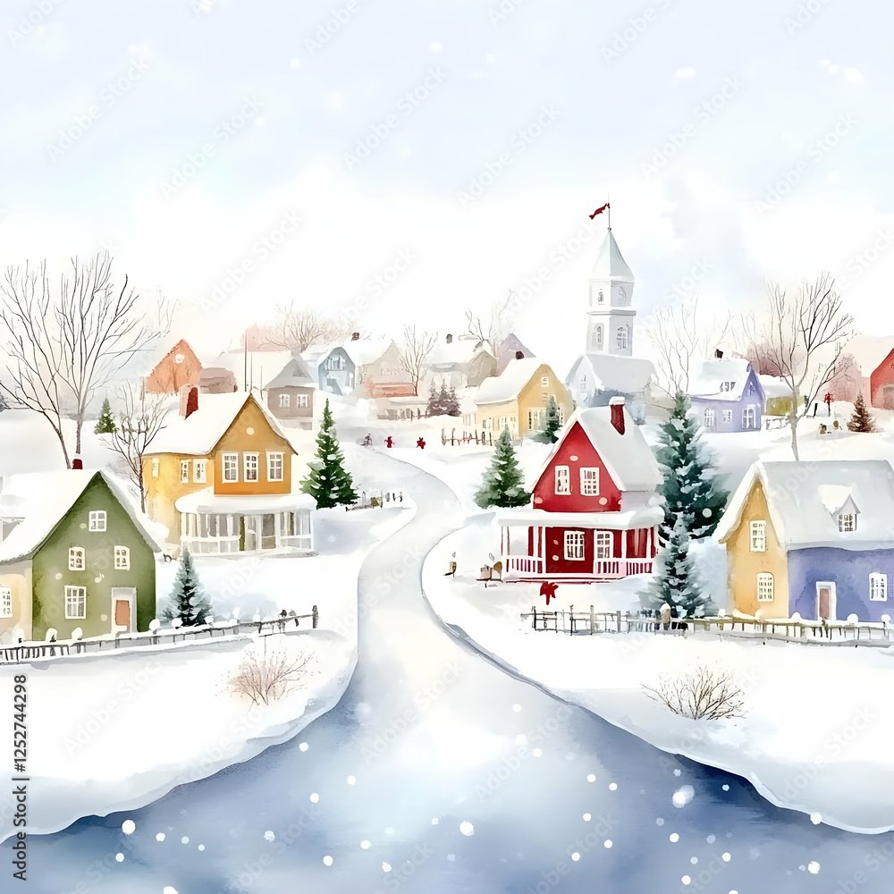 Fototapeta premium Winter Village Watercolor Illustration