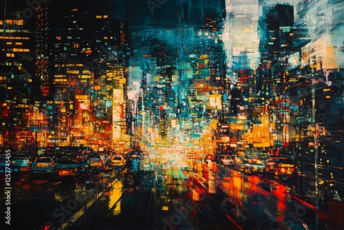 Night cityscape with vibrant lights reflecting on a wet street