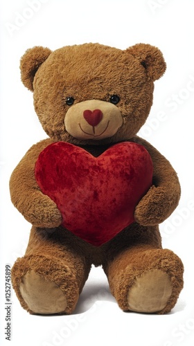 bear holds red heart while sitting against dark wooden backdrop in cozy setting
