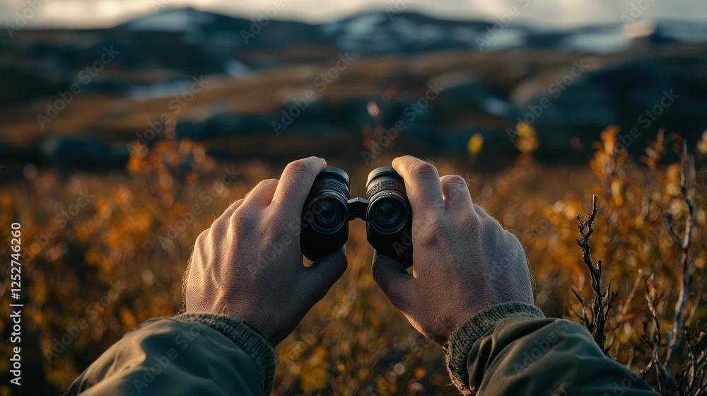 Fototapeta premium Hands adjusting the focus knob of binoculars, capturing a distant target.