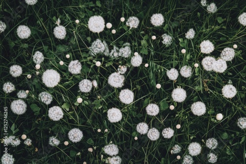 White flowers blooming in a lush green meadow during the early morning light