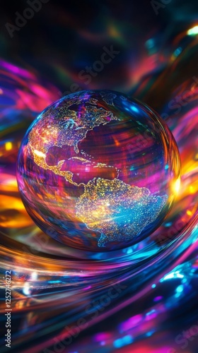 Colorful globe illustration with vibrant waves in the background during a dig...