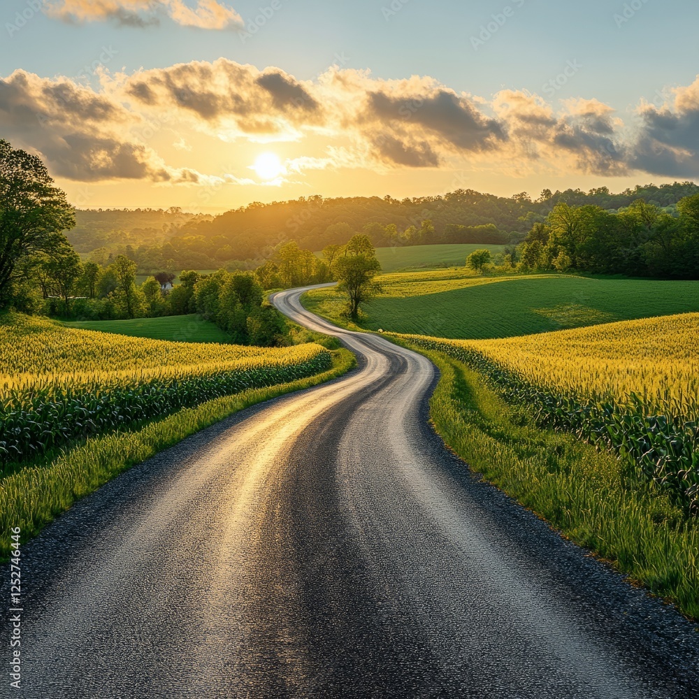 A scenic view of a countryside road, with fields of crops on either side