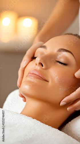Hydrating facial therapy professional esthetician performing skincare deep glow complexion beauty wellness self care massage spa soul detox zen scalp head calm gentle clinic stress resort woman female