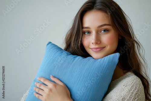 Young woman with long hair holds a blue pillow in soft light against a neutra...