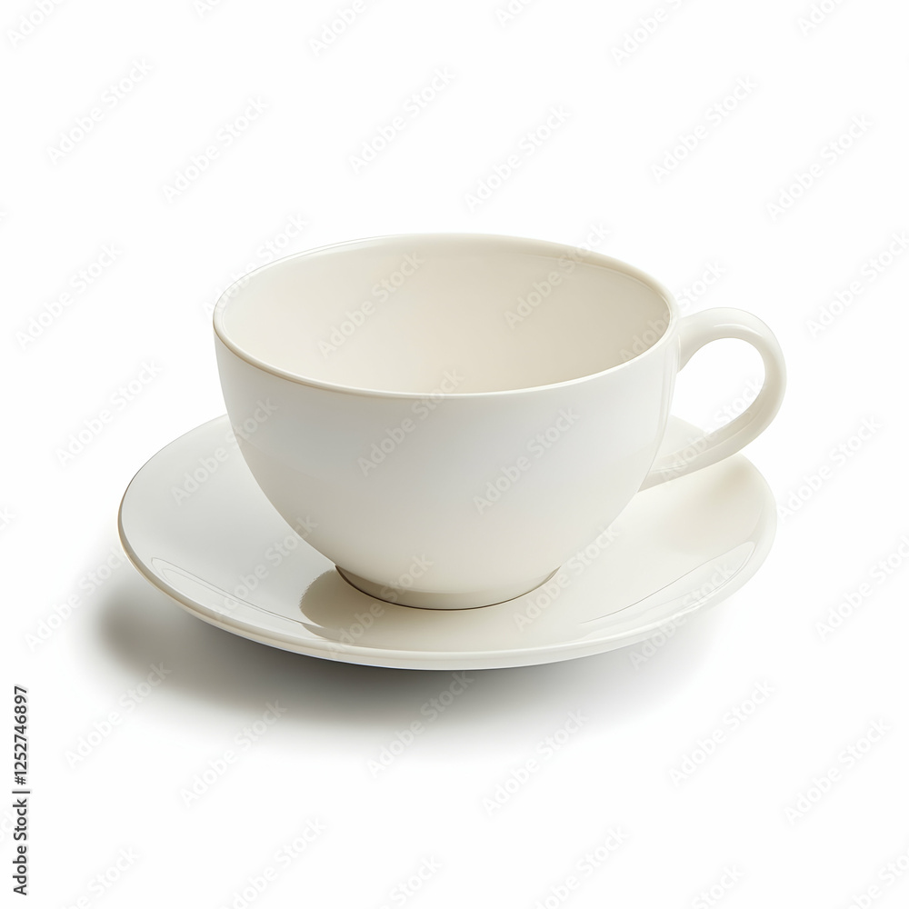 Empty white teacup and saucer on white background, perfect for menu or cafe advertisement Empty white teacup and saucer on white background, perfect for menu or cafe advertisement