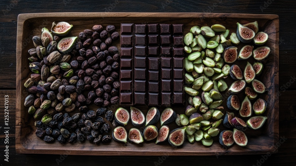 A beautifully arranged dark chocolate and nuts platter with pistachios, hazelnuts, and dried figs on a wooden tray