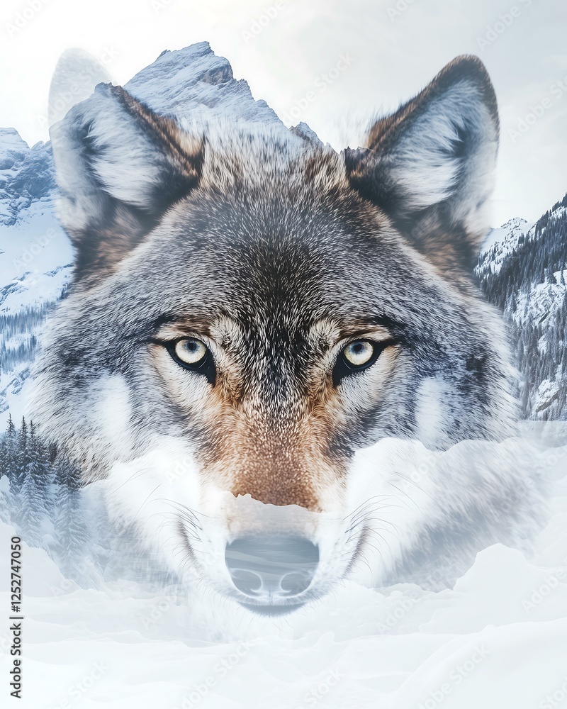 double exposure concept A majestic wolf gazes through a snowy mountain landscape. double exposure concept A majestic wolf gazes through a snowy mountain landscape.