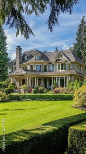 Elegant stone mansion with beautiful landscaping in a serene environment unde...