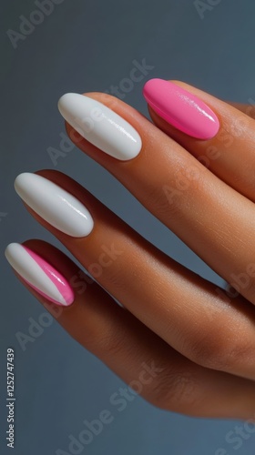 Stylish bright pink and white long nail design showcased on a manicured hand ...