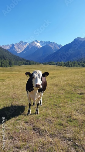 Cow grazing peacefully in the golden fields with snow-capped mountains in the...