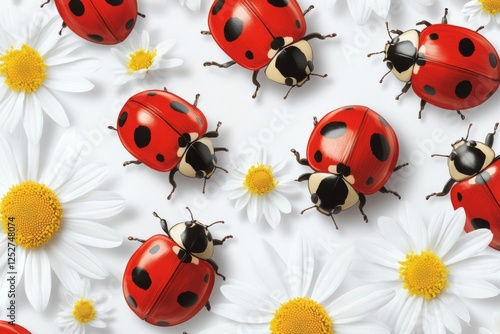 Bright red ladybugs among white daisies on a light background