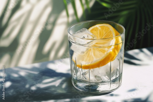 Refreshing drink with lemon slice and ice on a marble counter in bright light