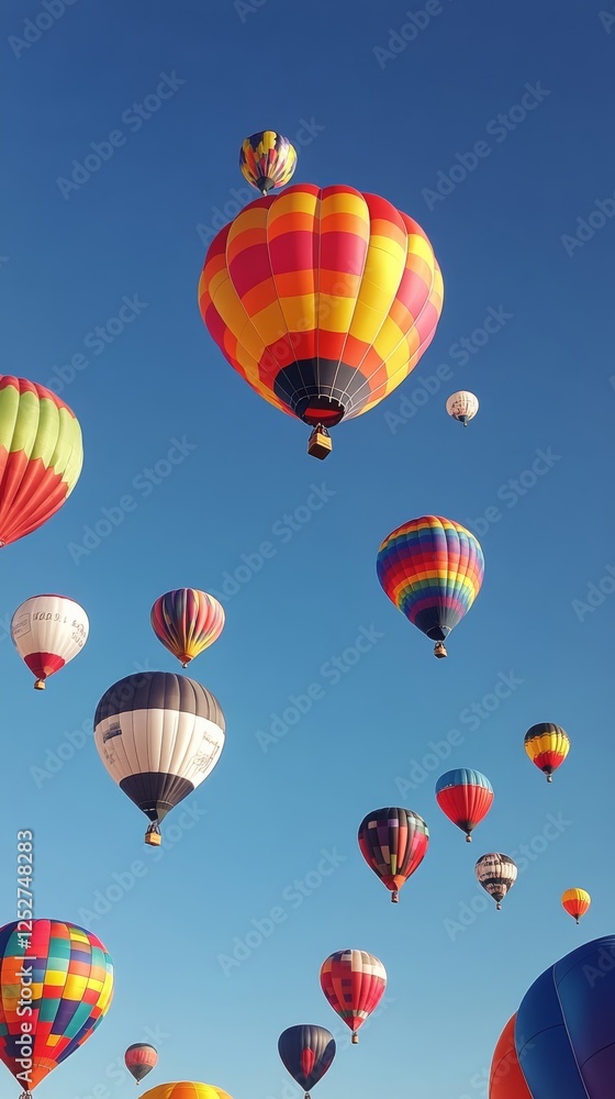 Naklejka premium Colorful hot air balloons fill the clear sky during a vibrant festival event in autumn