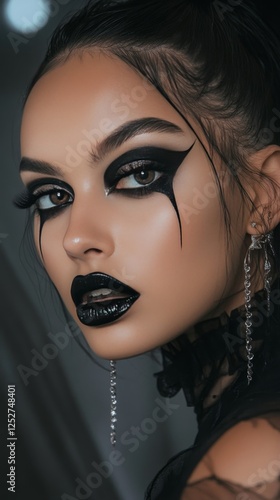 Stunning close-up of a woman with bold makeup showcasing dark lips and dramat...