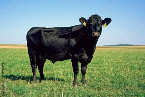 Black cow standing in a lush green rice field with mountains in the backgroun...