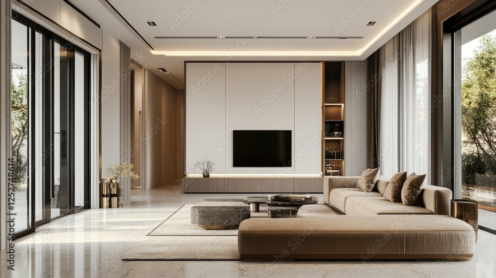 Fototapeta premium Luxury home with a monochrome kitchen, refined furniture, and a blank accent wall, creating a perfect minimalist aesthetic.